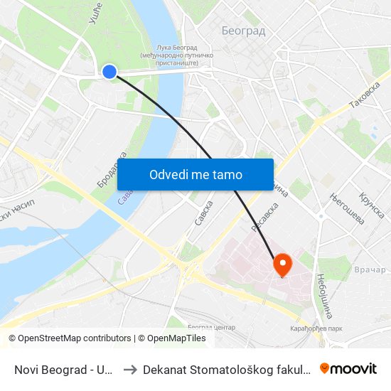 Novi Beograd - Ušće to Dekanat Stomatološkog fakulteta map