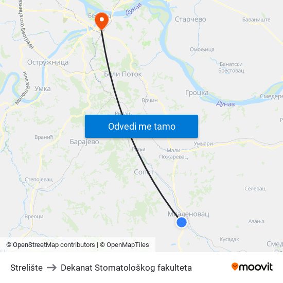 Strelište to Dekanat Stomatološkog fakulteta map