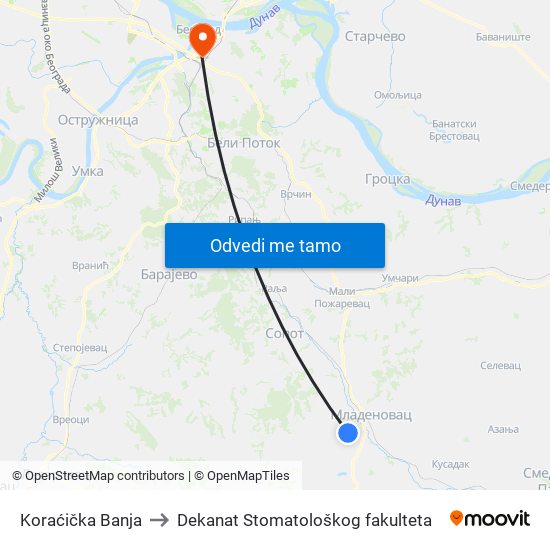 Koraćička Banja to Dekanat Stomatološkog fakulteta map