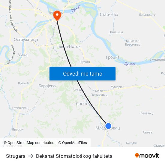 Strugara to Dekanat Stomatološkog fakulteta map