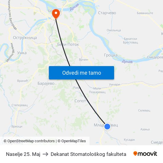 Naselje 25. Maj to Dekanat Stomatološkog fakulteta map