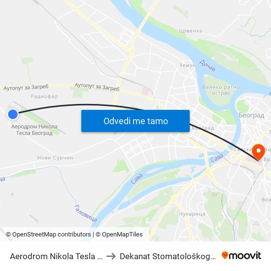 Aerodrom Nikola Tesla - Dolasci to Dekanat Stomatološkog fakulteta map