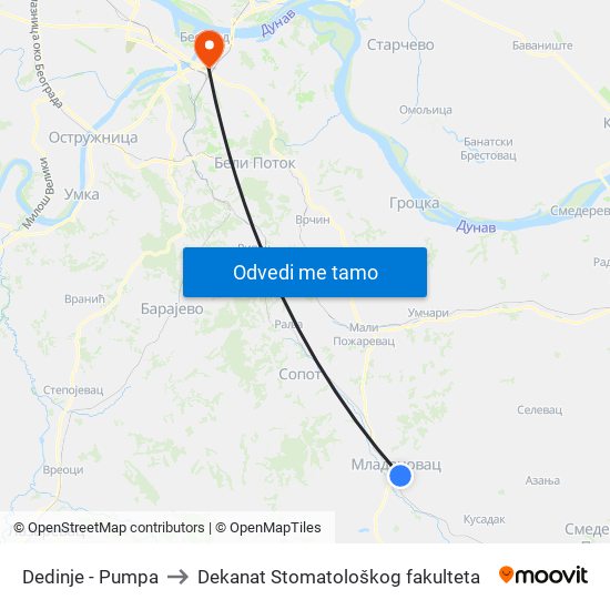 Dedinje - Pumpa to Dekanat Stomatološkog fakulteta map