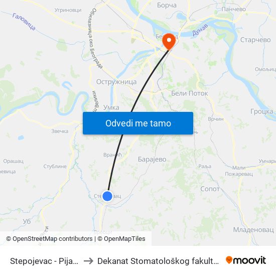 Stepojevac - Pijaca to Dekanat Stomatološkog fakulteta map