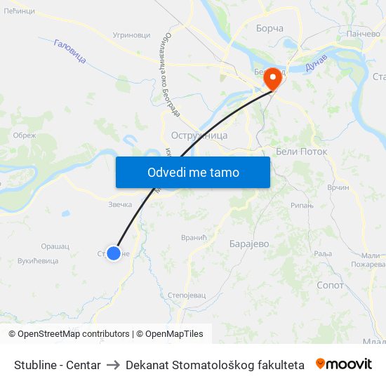 Stubline - Centar to Dekanat Stomatološkog fakulteta map