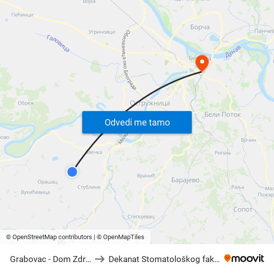 Grabovac - Dom Zdravlja to Dekanat Stomatološkog fakulteta map