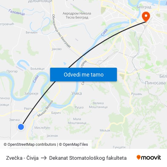 Zvečka - Čivija to Dekanat Stomatološkog fakulteta map