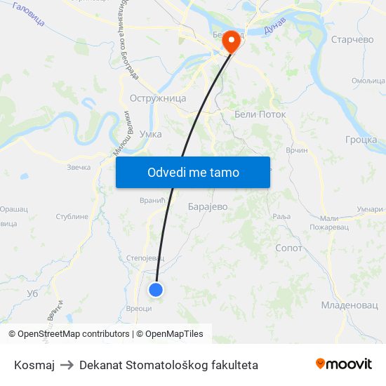 Kosmaj to Dekanat Stomatološkog fakulteta map