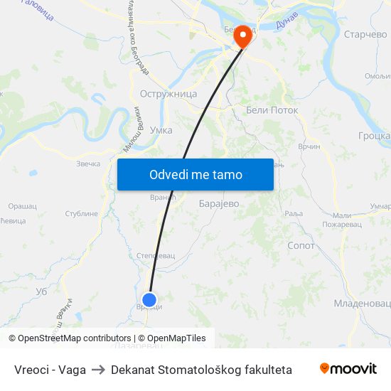 Vreoci - Vaga to Dekanat Stomatološkog fakulteta map