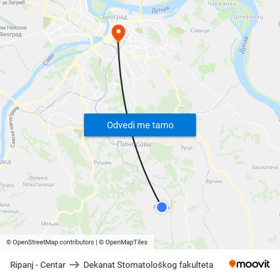 Ripanj - Centar to Dekanat Stomatološkog fakulteta map