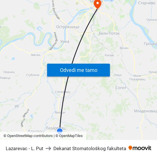 Lazarevac - L. Put to Dekanat Stomatološkog fakulteta map