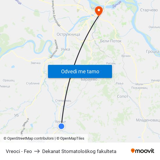 Vreoci - Feo to Dekanat Stomatološkog fakulteta map