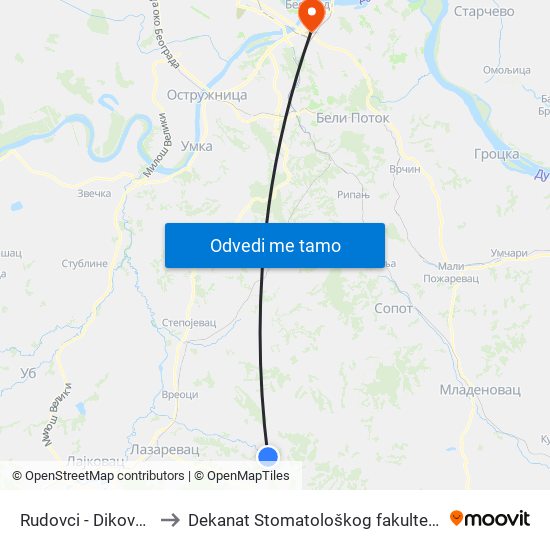 Rudovci - Dikovan to Dekanat Stomatološkog fakulteta map