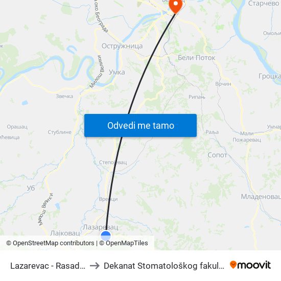 Lazarevac - Rasadnik to Dekanat Stomatološkog fakulteta map