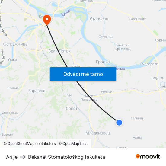 Arilje to Dekanat Stomatološkog fakulteta map