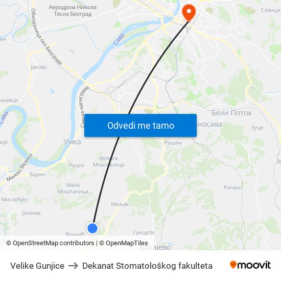 Velike Gunjice to Dekanat Stomatološkog fakulteta map