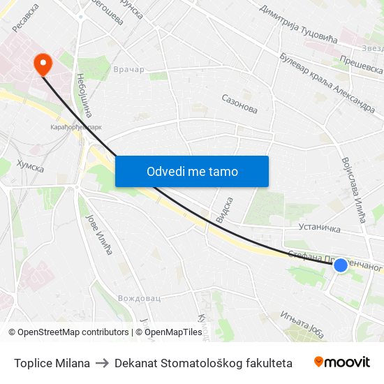 Toplice Milana to Dekanat Stomatološkog fakulteta map