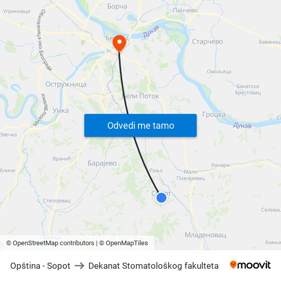 Opština - Sopot to Dekanat Stomatološkog fakulteta map