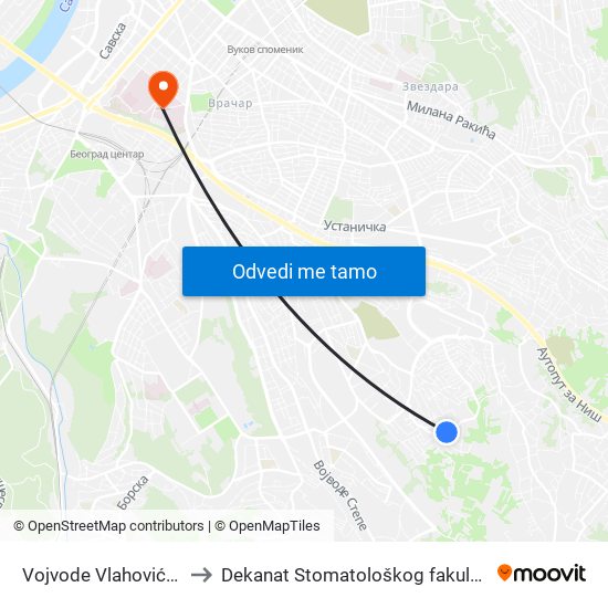 Vojvode Vlahovića 1 to Dekanat Stomatološkog fakulteta map