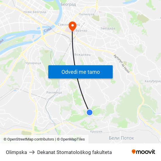 Olimpska to Dekanat Stomatološkog fakulteta map