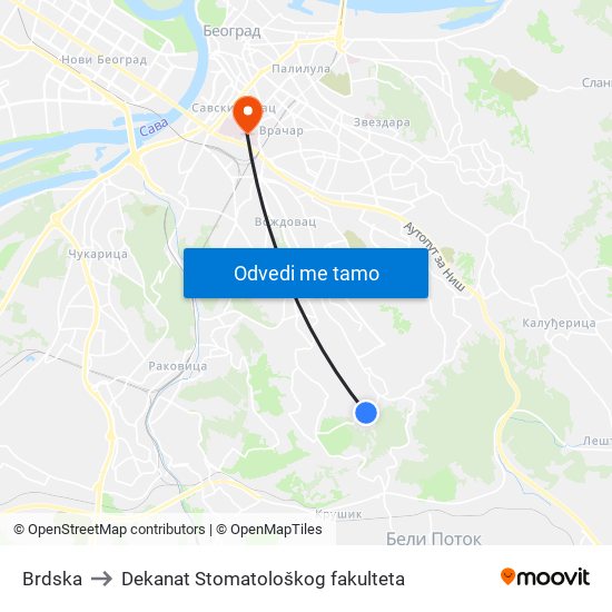 Brdska to Dekanat Stomatološkog fakulteta map