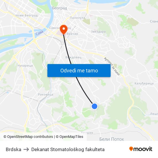 Brdska to Dekanat Stomatološkog fakulteta map