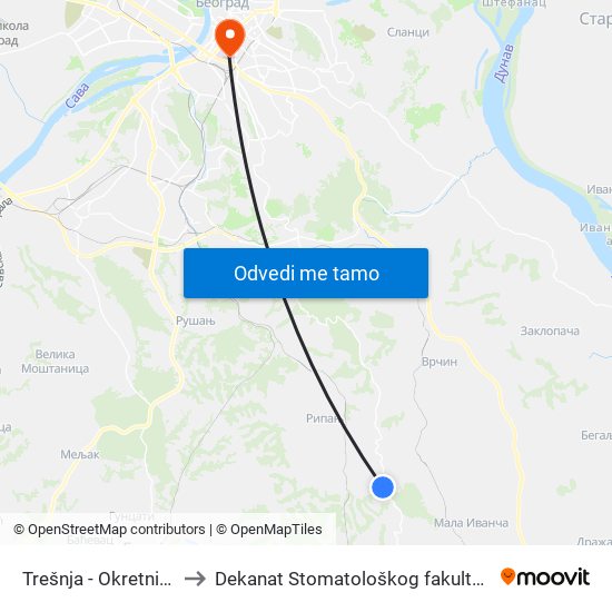 Trešnja - Okretnica to Dekanat Stomatološkog fakulteta map