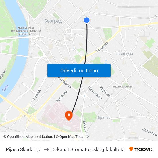 Pijaca Skadarlija to Dekanat Stomatološkog fakulteta map