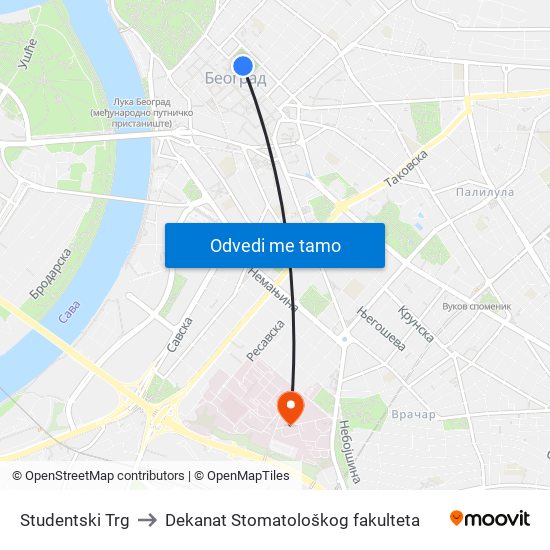 Studentski Trg to Dekanat Stomatološkog fakulteta map