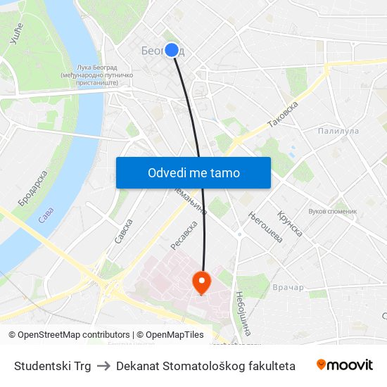 Studentski Trg to Dekanat Stomatološkog fakulteta map