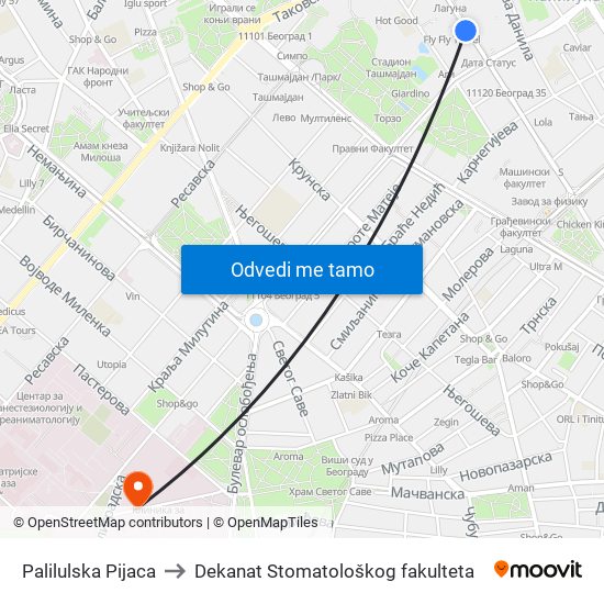 Palilulska Pijaca to Dekanat Stomatološkog fakulteta map