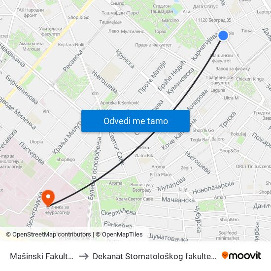 Mašinski Fakultet to Dekanat Stomatološkog fakulteta map