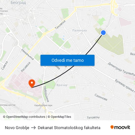 Novo Groblje to Dekanat Stomatološkog fakulteta map