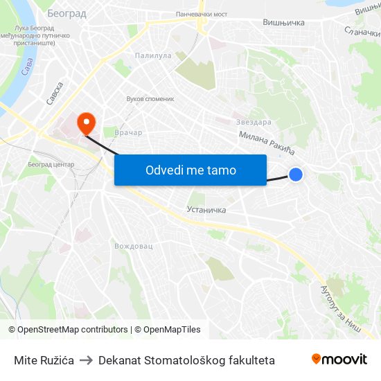 Mite Ružića to Dekanat Stomatološkog fakulteta map