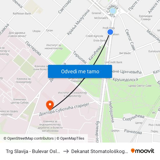 Trg Slavija - Bulevar Oslobođenja to Dekanat Stomatološkog fakulteta map