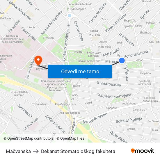 Mačvanska to Dekanat Stomatološkog fakulteta map