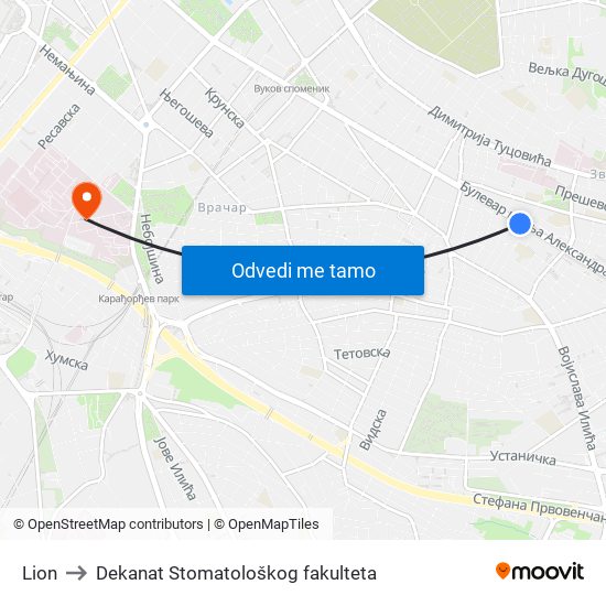 Lion to Dekanat Stomatološkog fakulteta map