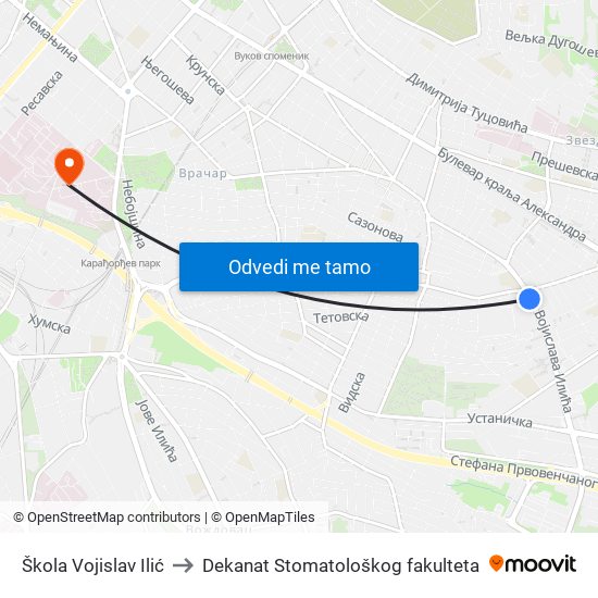 Škola Vojislav Ilić to Dekanat Stomatološkog fakulteta map