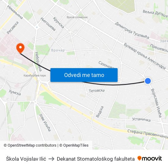 Škola Vojislav Ilić to Dekanat Stomatološkog fakulteta map