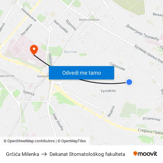 Grčića Milenka to Dekanat Stomatološkog fakulteta map