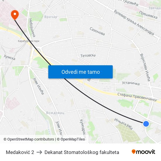 Medaković 2 to Dekanat Stomatološkog fakulteta map