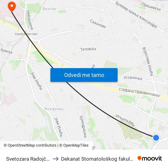 Svetozara Radojčića to Dekanat Stomatološkog fakulteta map