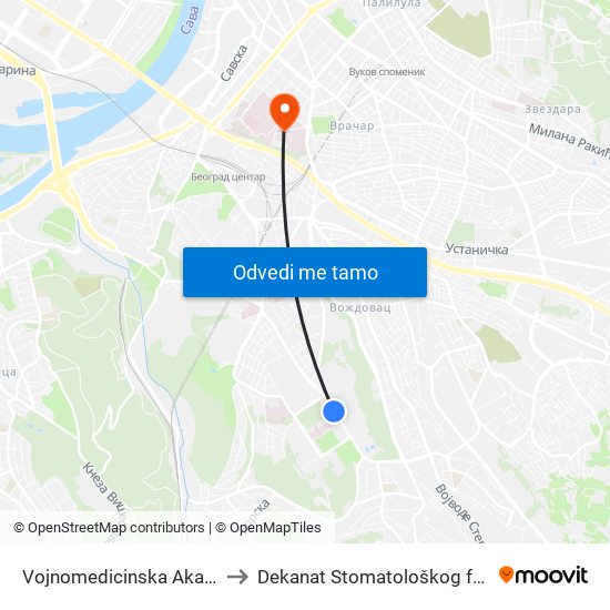 Vojnomedicinska Akademija to Dekanat Stomatološkog fakulteta map