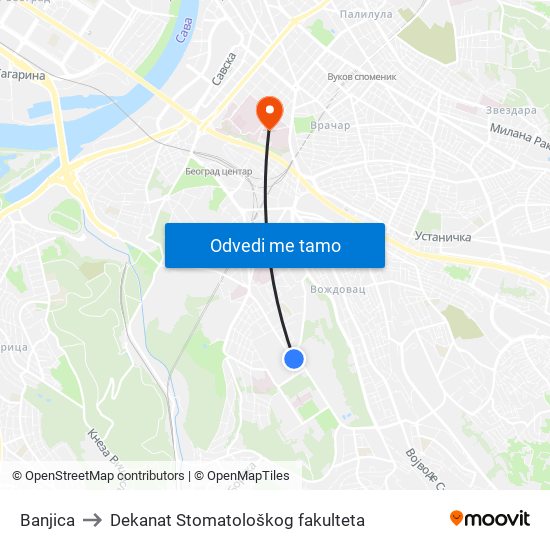 Banjica to Dekanat Stomatološkog fakulteta map