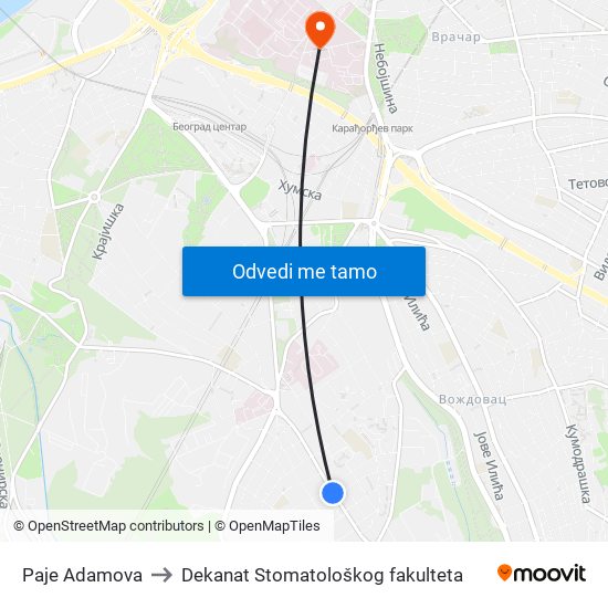 Paje Adamova to Dekanat Stomatološkog fakulteta map