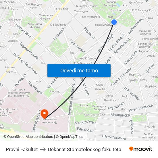 Pravni Fakultet to Dekanat Stomatološkog fakulteta map