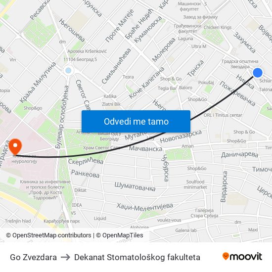 Go Zvezdara to Dekanat Stomatološkog fakulteta map