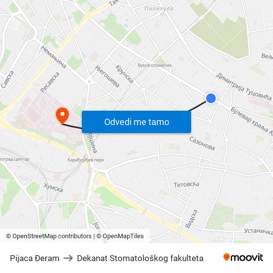 Pijaca Đeram to Dekanat Stomatološkog fakulteta map