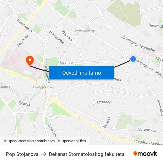 Pop Stojanova to Dekanat Stomatološkog fakulteta map