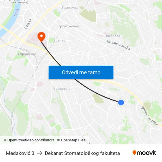 Medaković 3 to Dekanat Stomatološkog fakulteta map